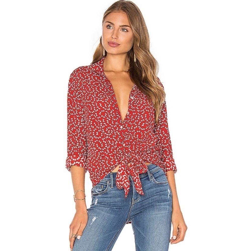 Faithful The Brand Hosk Top in Pin Up Bow Print Red Tie Front Button Size 4